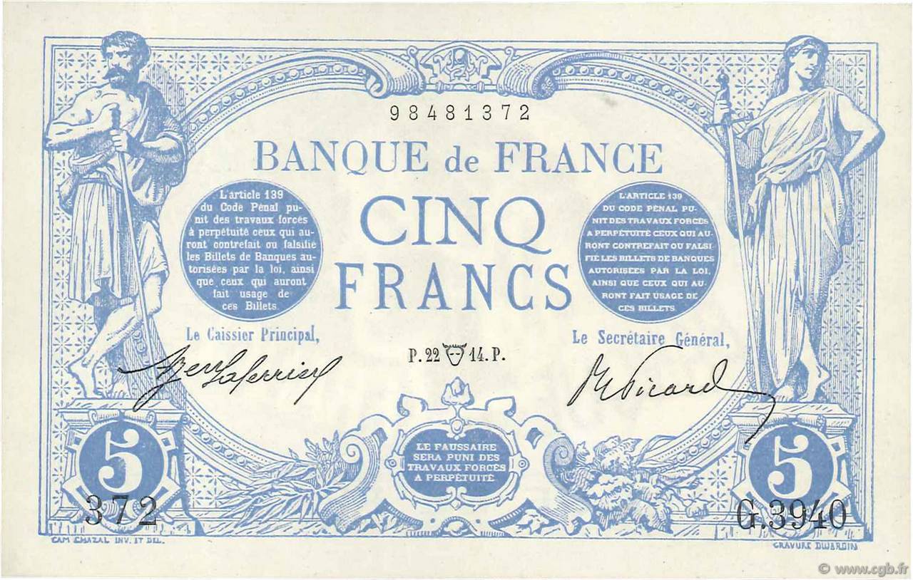 5 Francs BLEU FRANCE  1914 F.02.22 AU