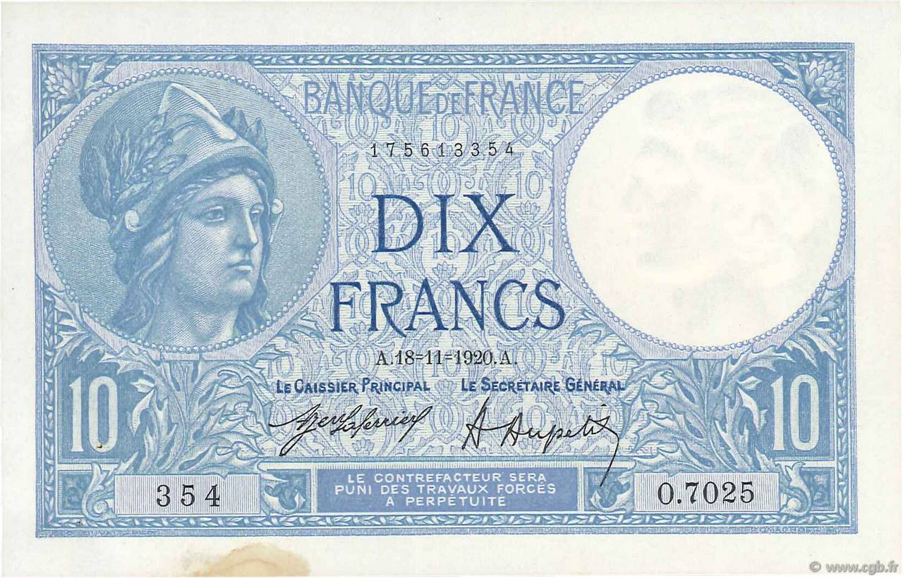 10 Francs MINERVE FRANCIA  1920 F.06.04 EBC+