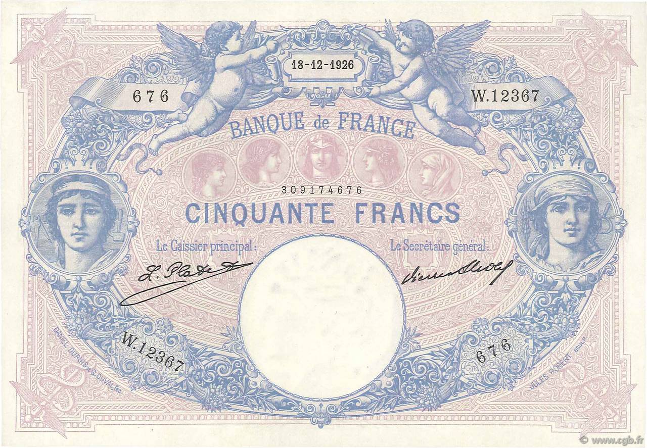 50 Francs BLEU ET ROSE FRANCIA  1926 F.14.39 SPL+