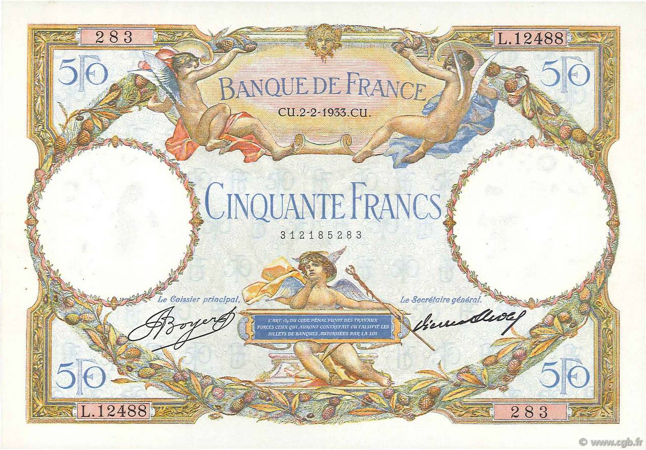 50 Francs LUC OLIVIER MERSON type modifié FRANCIA  1933 F.16.04 SPL