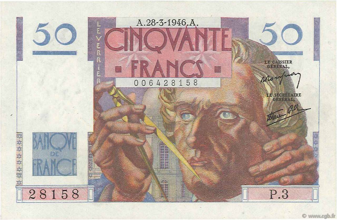50 Francs LE VERRIER FRANCE  1946 F.20.02 UNC