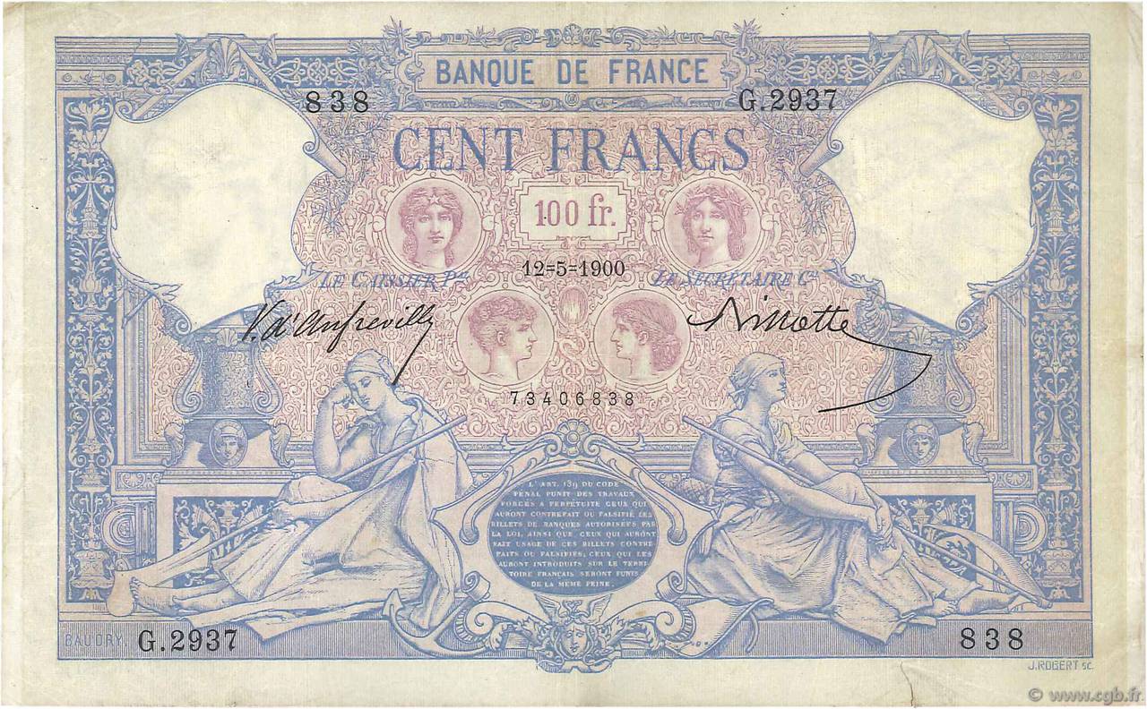 100 Francs BLEU ET ROSE FRANCE  1900 F.21.13 B à TB