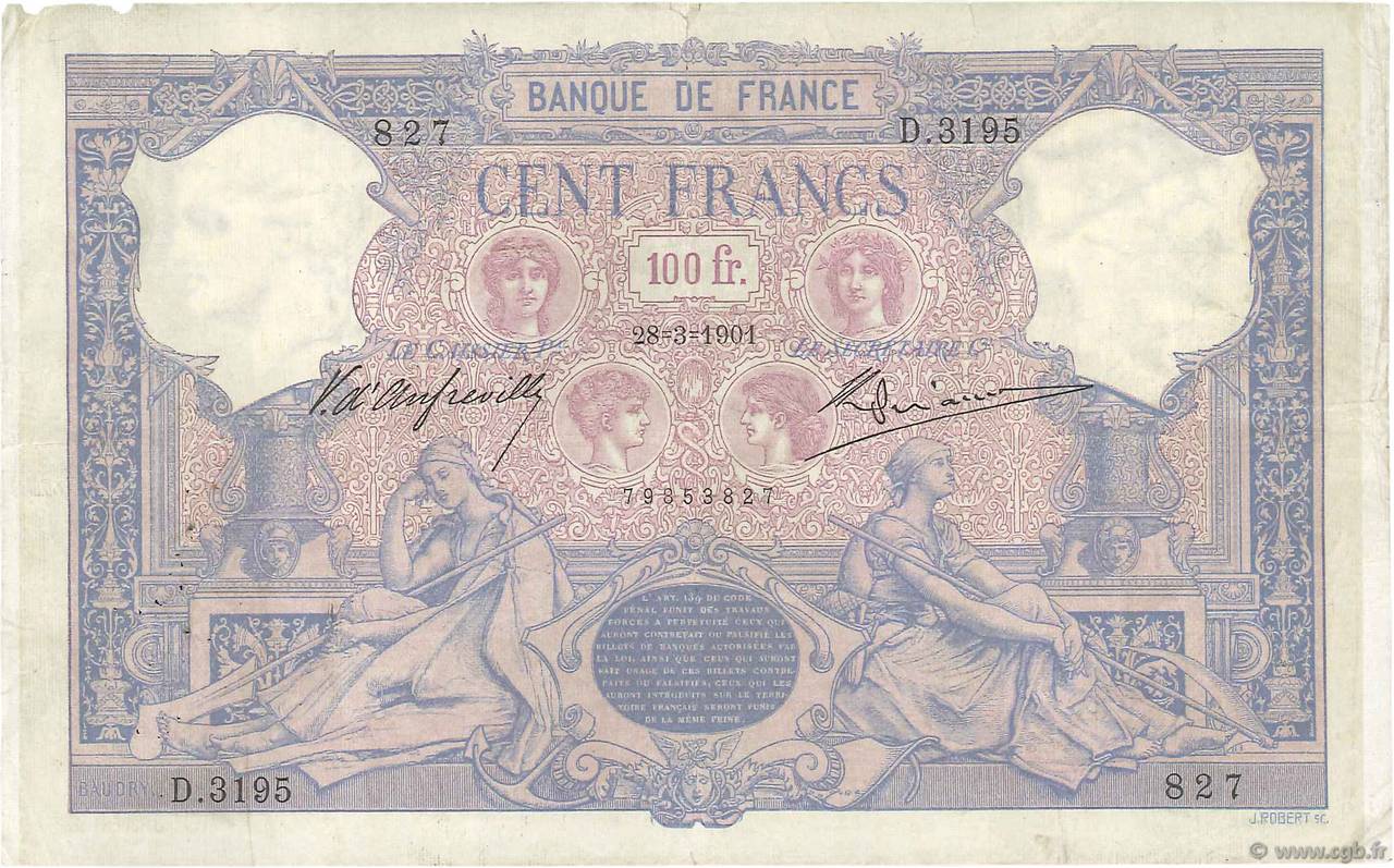 100 Francs BLEU ET ROSE FRANCIA  1901 F.21.15 BC