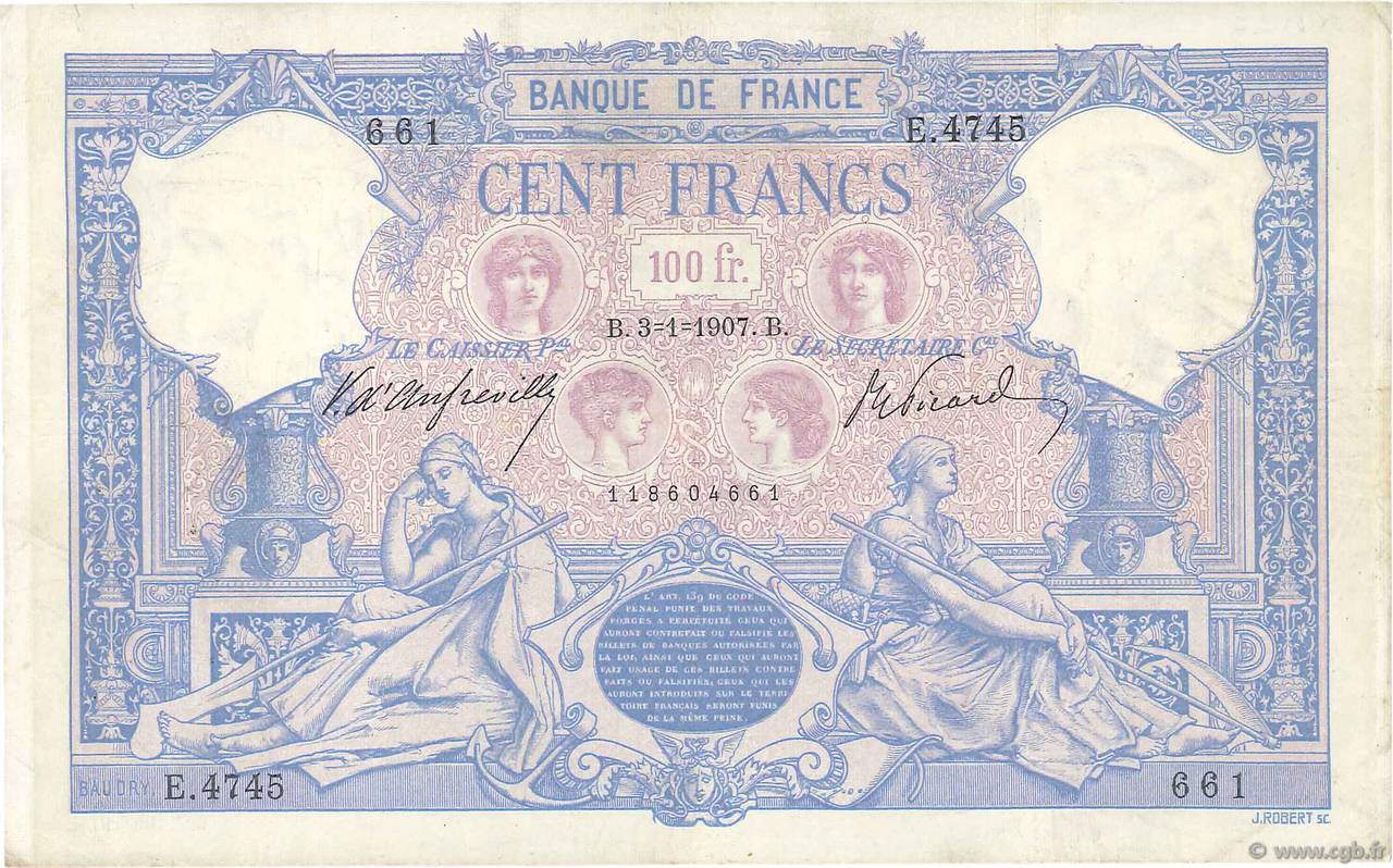 100 Francs BLEU ET ROSE Petit numéro FRANCE  1907 F.21.21 TTB