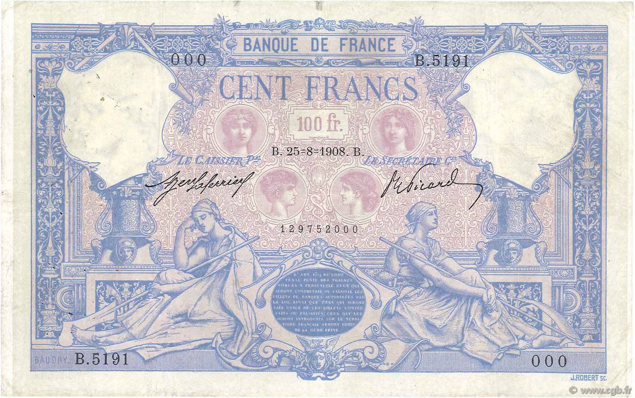 100 Francs BLEU ET ROSE Numéro spécial FRANKREICH  1908 F.21.23 S