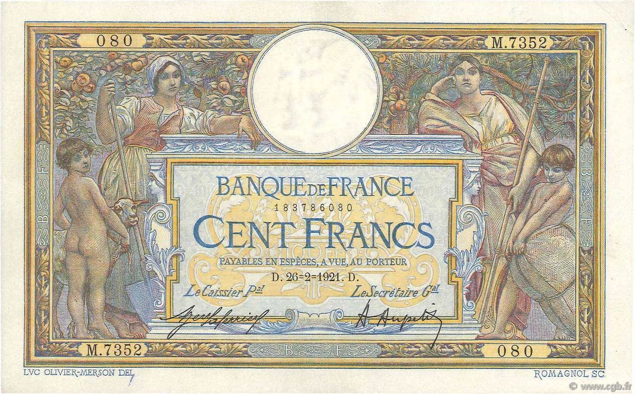 100 Francs LUC OLIVIER MERSON sans LOM FRANCIA  1921 F.23.14 SPL