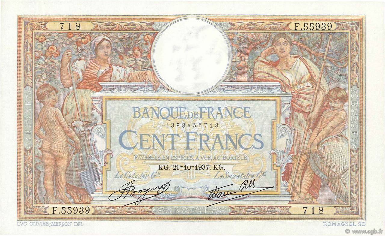100 Francs LUC OLIVIER MERSON type modifié FRANCIA  1937 F.25.03 SPL a AU