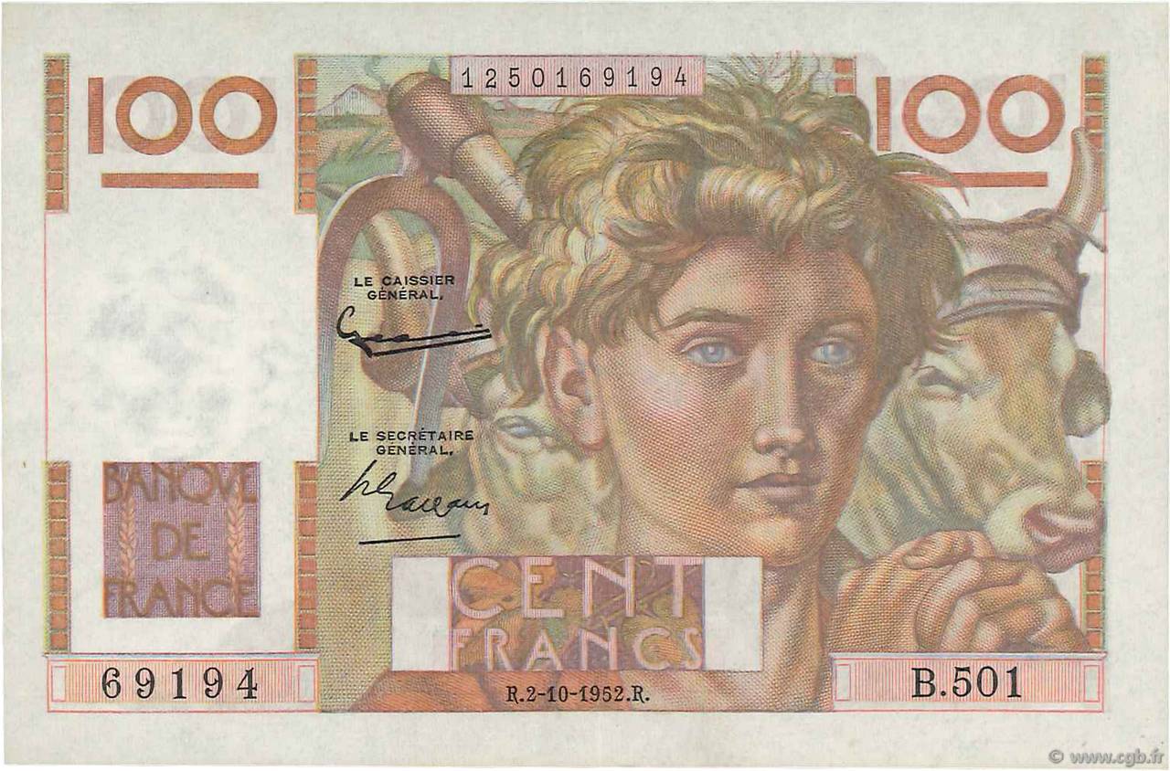 100 Francs JEUNE PAYSAN filigrane inversé FRANCE  1952 F.28bis.01 SPL