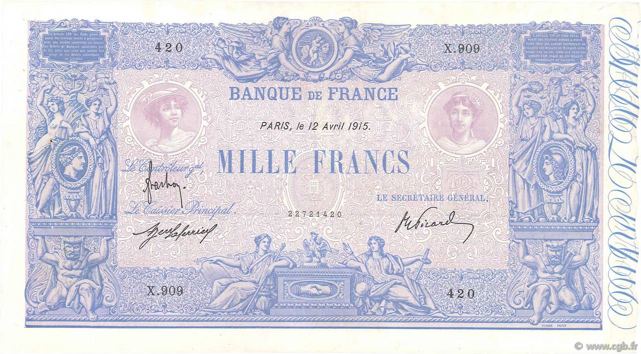 1000 Francs BLEU ET ROSE FRANCE  1915 F.36.29 VF