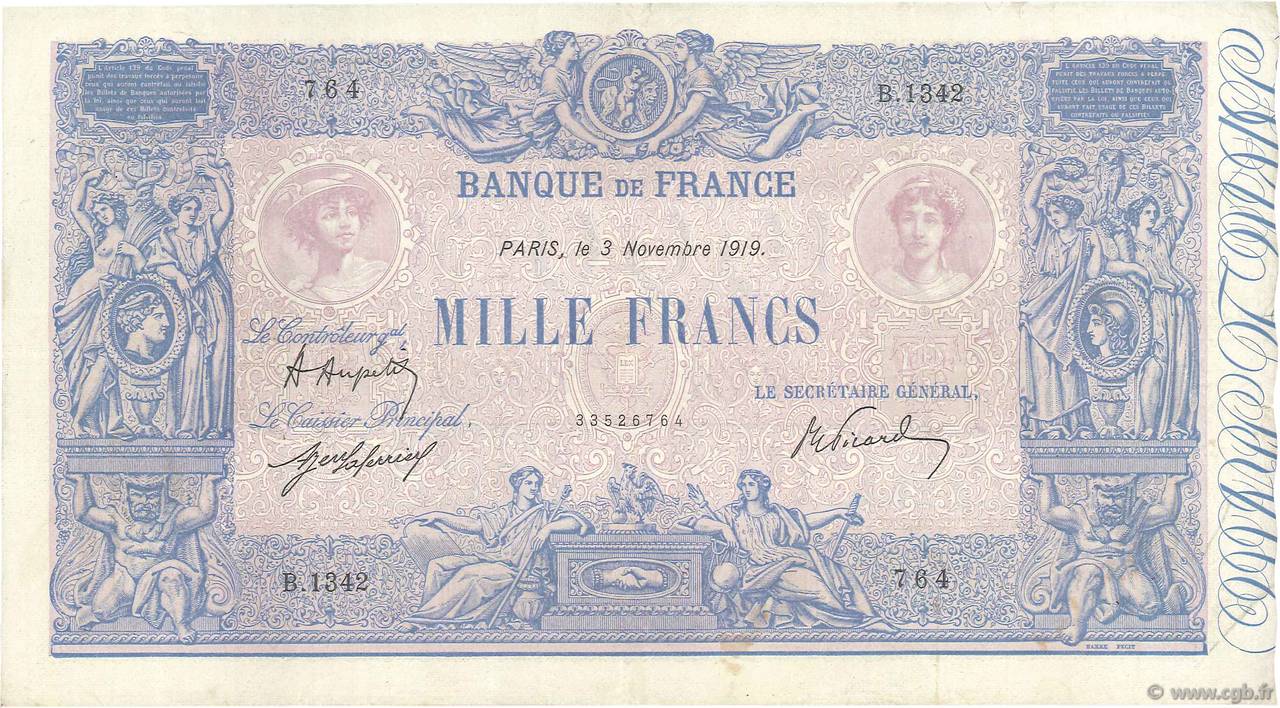 1000 Francs BLEU ET ROSE FRANCIA  1919 F.36.34 MBC