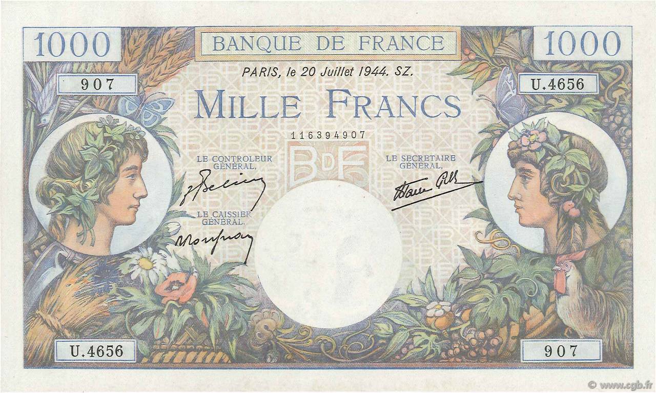 1000 Francs COMMERCE ET INDUSTRIE FRANCIA  1944 F.39.12 FDC
