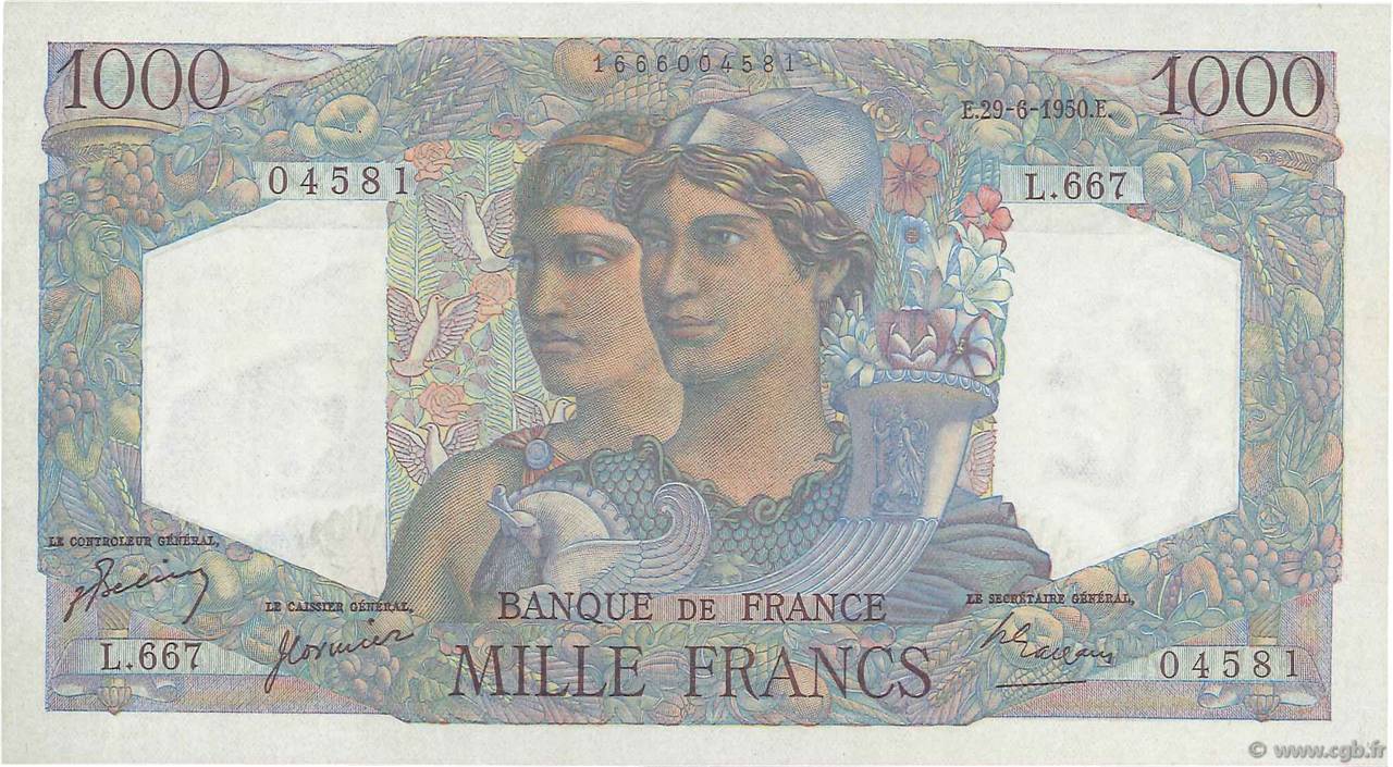 1000 Francs MINERVE ET HERCULE FRANCE  1950 F.41.33 AU-