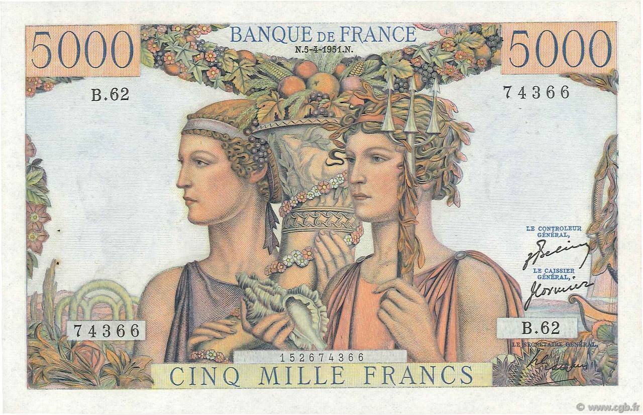 5000 Francs TERRE ET MER FRANKREICH  1951 F.48.04 fST