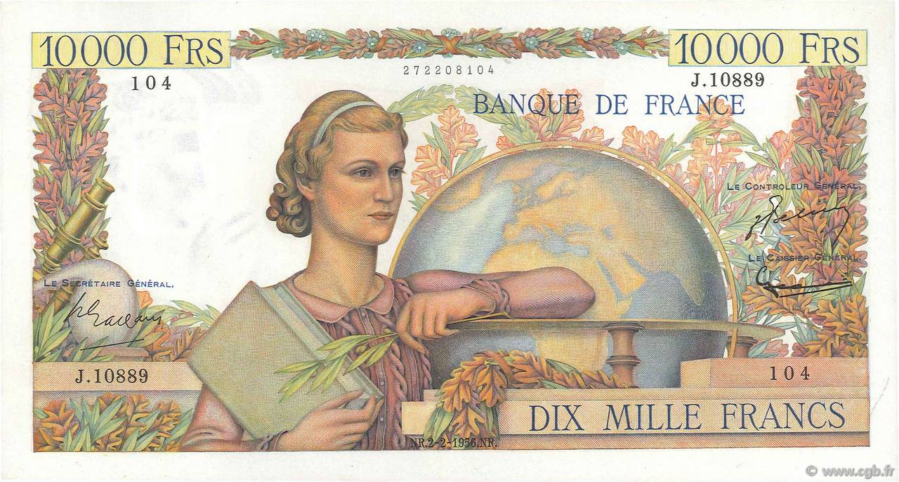 10000 Francs GÉNIE FRANÇAIS FRANCE  1956 F.50.79 XF+