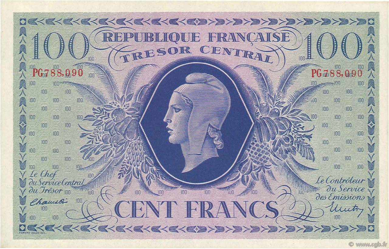 100 Francs MARIANNE FRANKREICH  1943 VF.06.01a fST