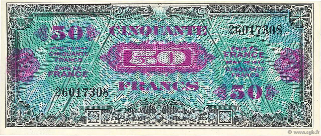 50 Francs DRAPEAU FRANCIA  1944 VF.19.01 q.FDC