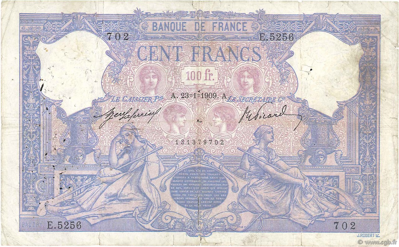 100 Francs BLEU ET ROSE FRANKREICH  1909 F.21.24 fSGE