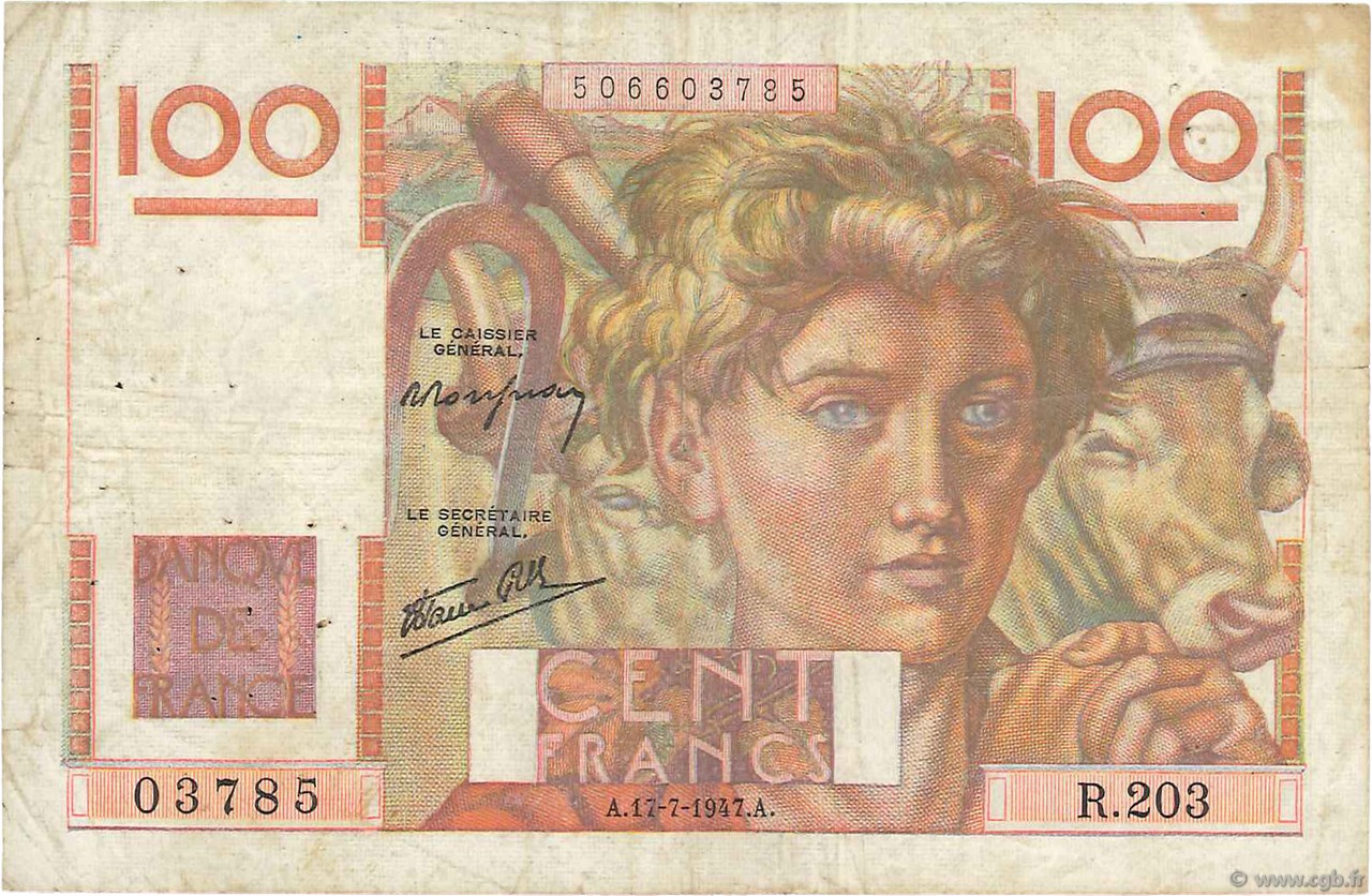 100 Francs JEUNE PAYSAN Favre-Gilly FRANCIA  1947 F.28ter.01 BC