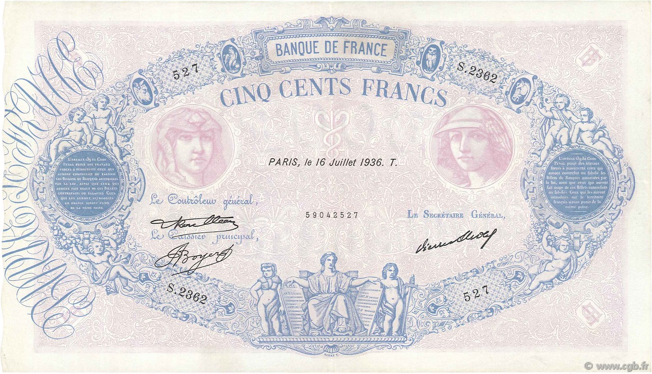 500 Francs BLEU ET ROSE FRANKREICH  1936 F.30.37 fVZ