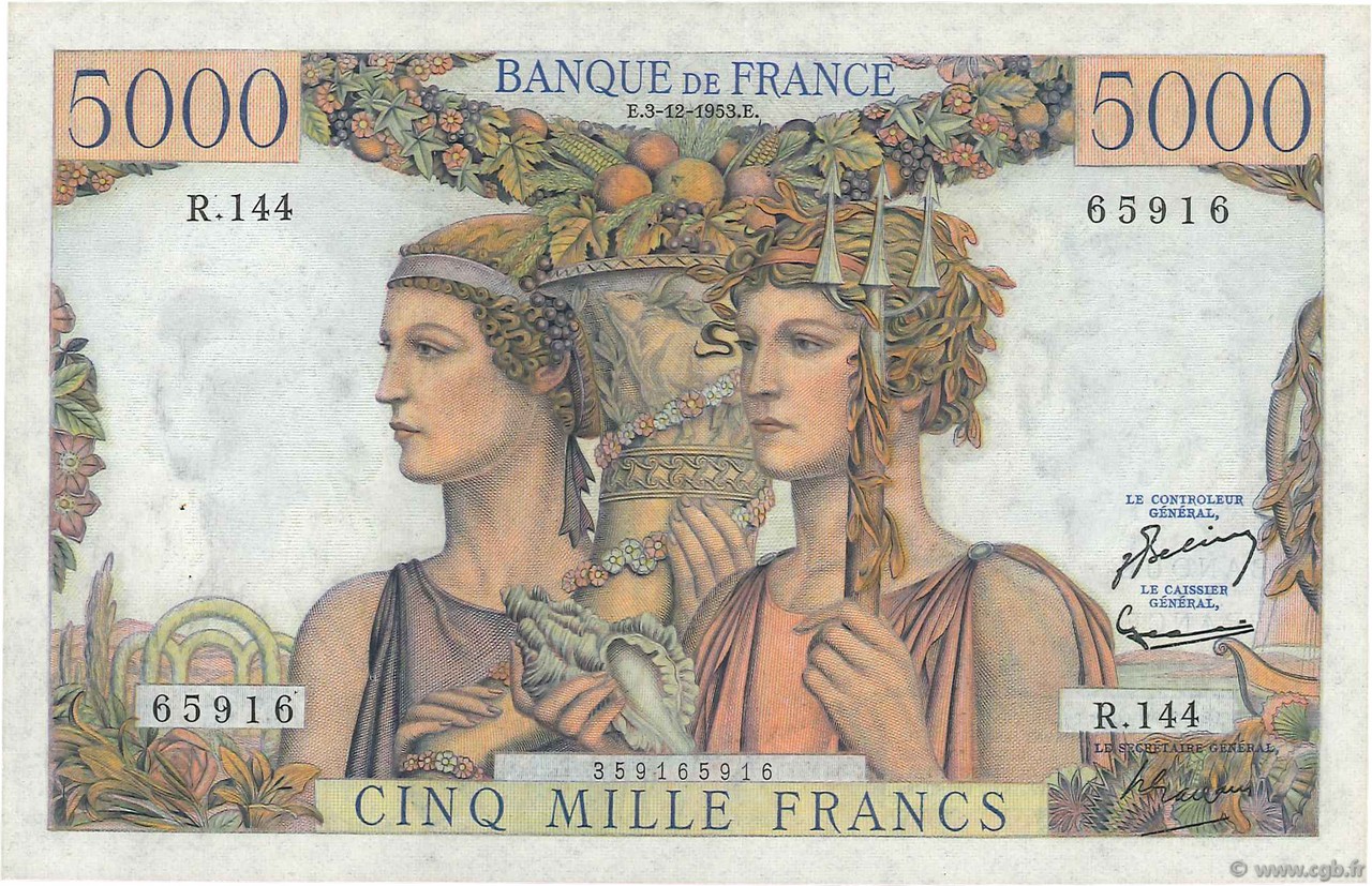 5000 Francs TERRE ET MER FRANCE  1953 F.48.10 XF