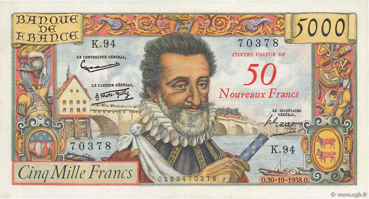 50 NF sur 5000 Francs HENRI IV FRANCIA  1958 F.54.01 EBC