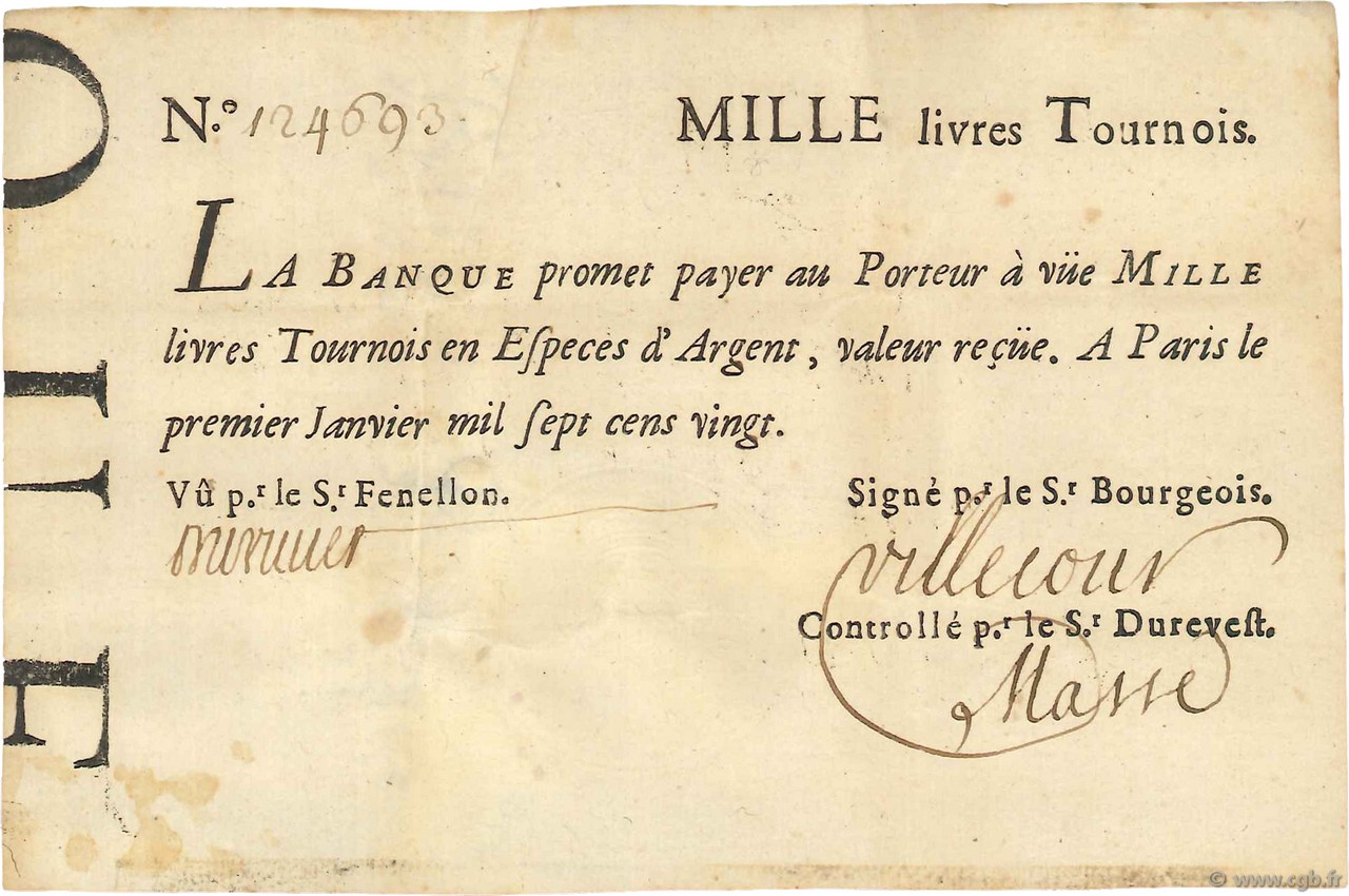 1000 Livres Tournois typographié Faux FRANCE  1720 Dor.29x 