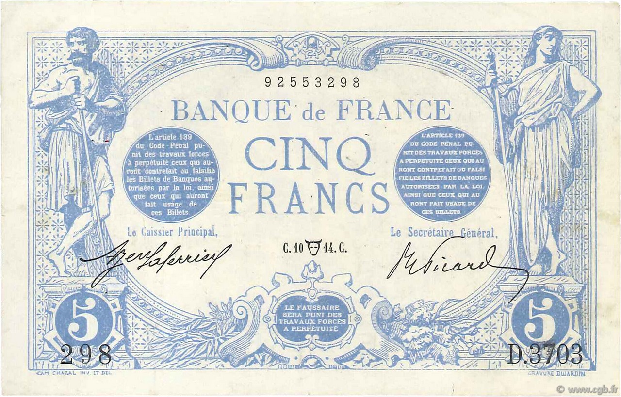 5 Francs BLEU FRANKREICH  1914 F.02.22 SS