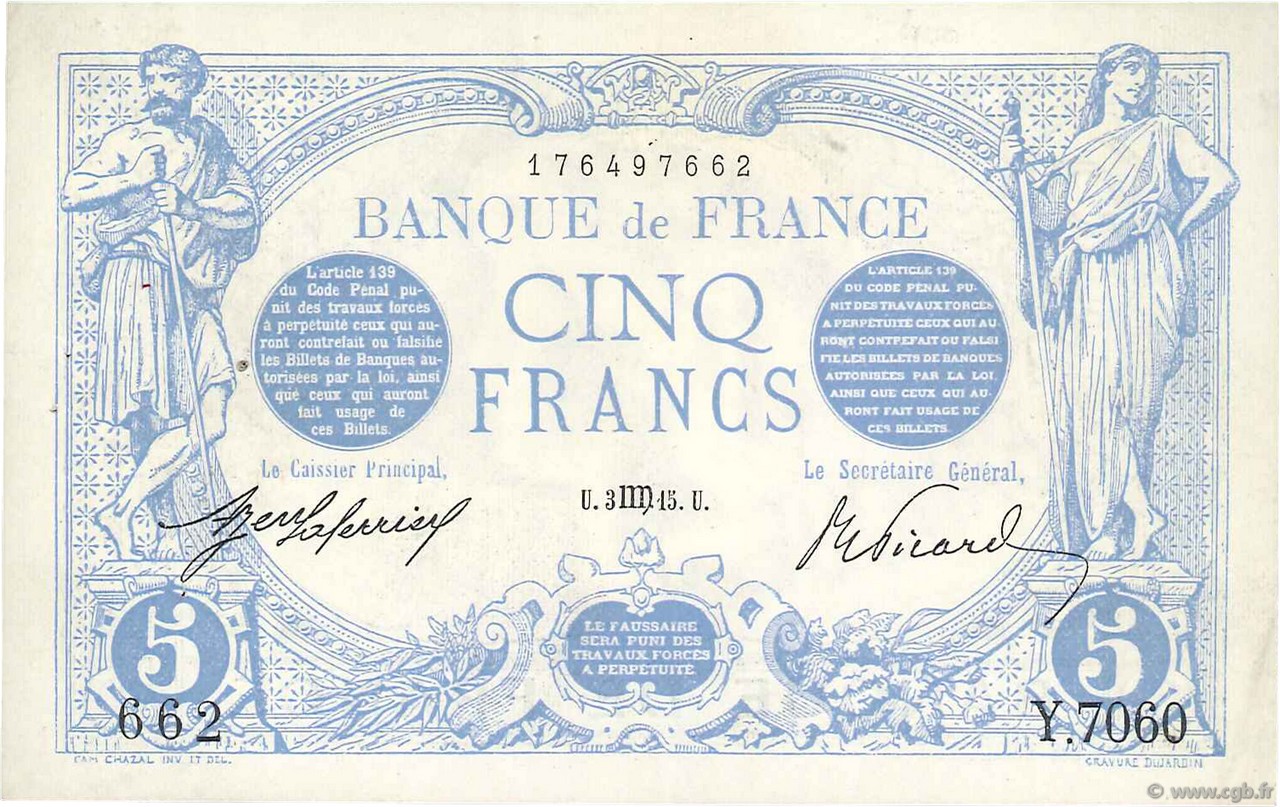 5 Francs BLEU FRANKREICH  1915 F.02.32 VZ