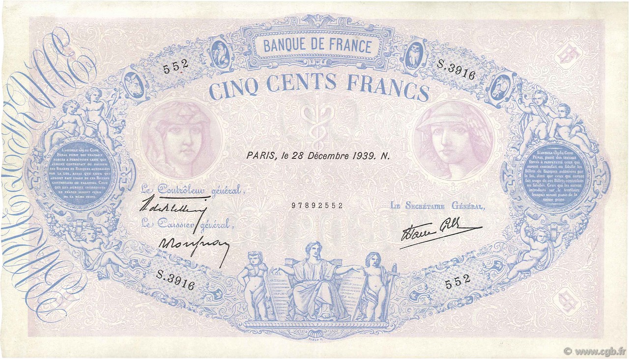 500 Francs BLEU ET ROSE modifié FRANCE  1939 F.31.54 XF