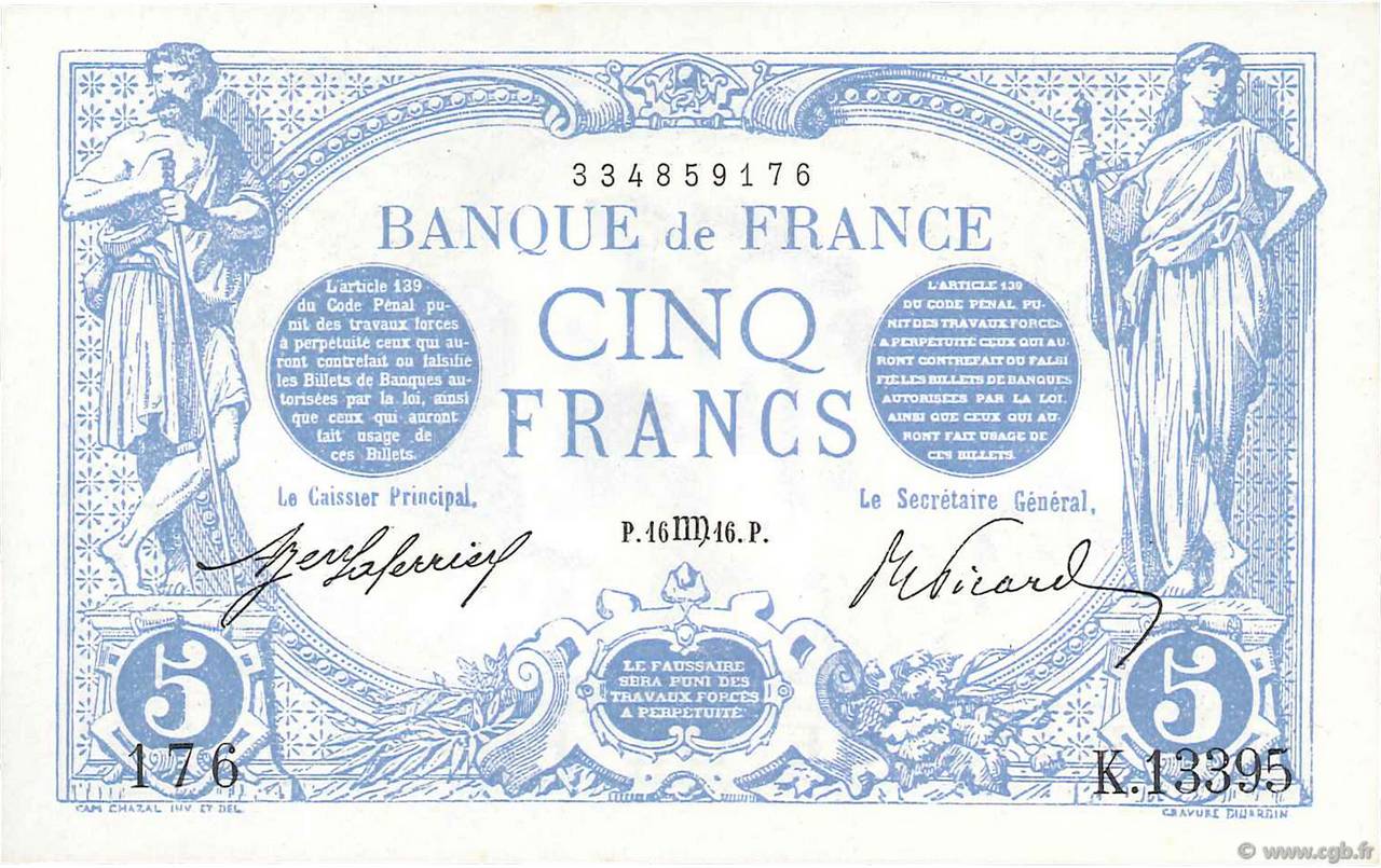 5 Francs BLEU FRANCE  1916 F.02.42 UNC-