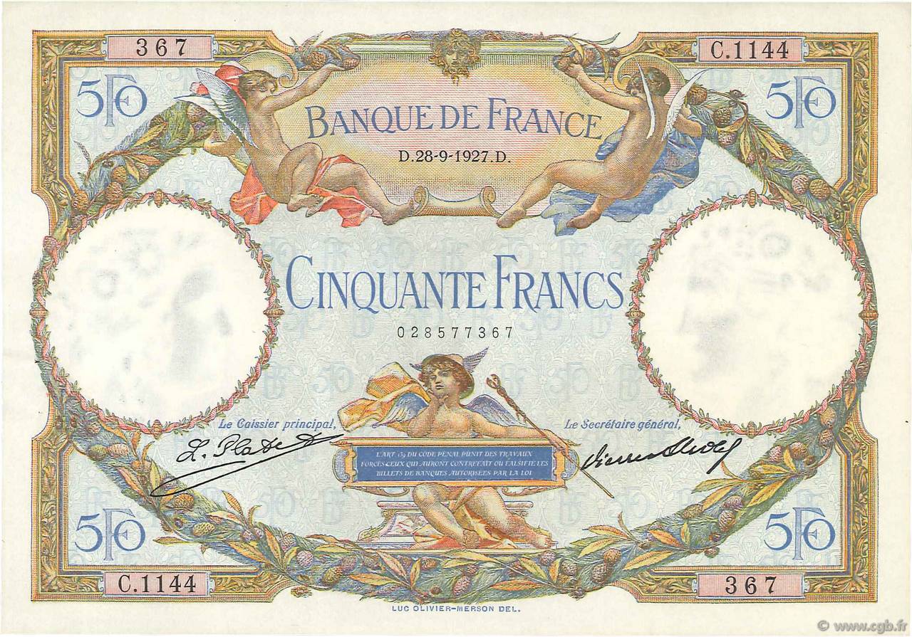 50 Francs LUC OLIVIER MERSON FRANCE  1927 F.15.01 AU-