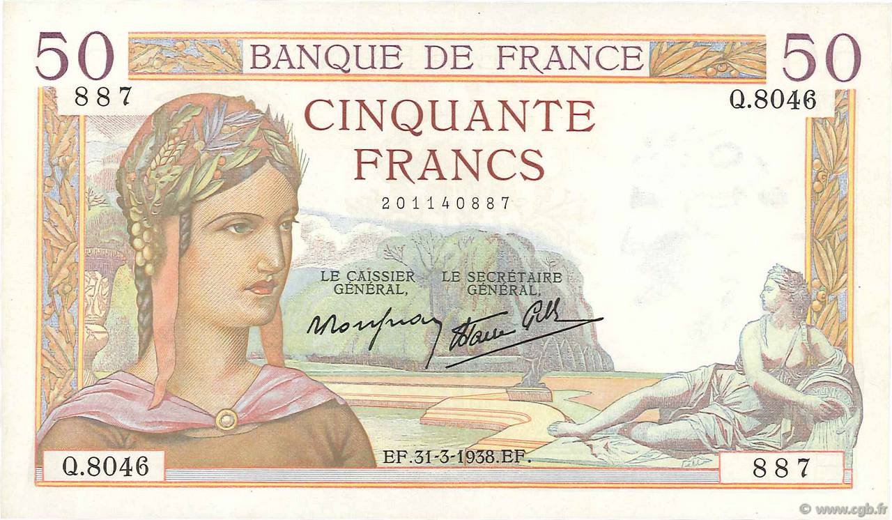 50 Francs CÉRÈS modifié FRANCE  1938 F.18.11 XF+