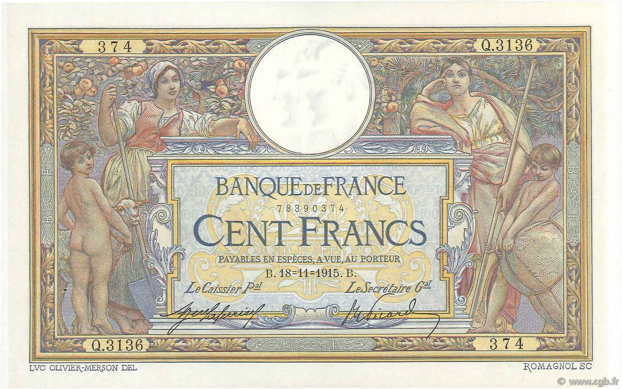 100 Francs LUC OLIVIER MERSON sans LOM FRANKREICH  1915 F.23.07 VZ+