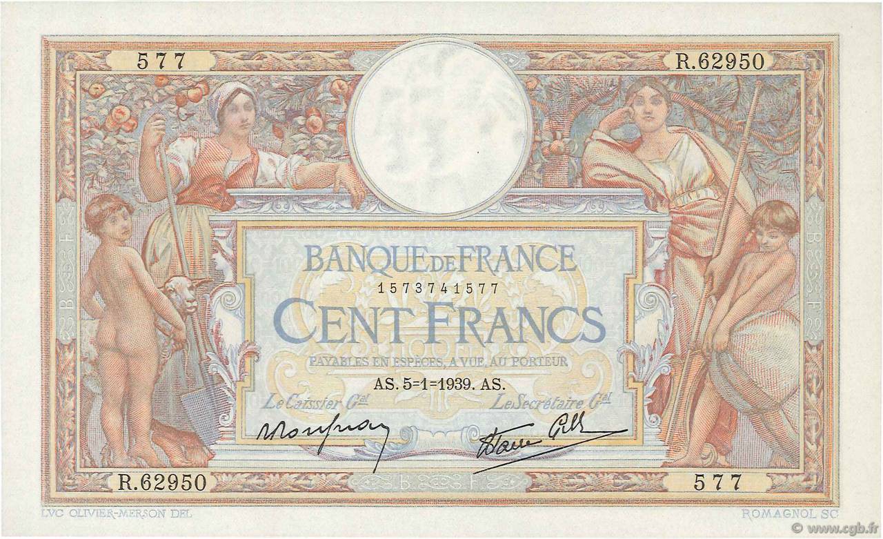 100 Francs LUC OLIVIER MERSON type modifié FRANCE  1939 F.25.38 SUP+
