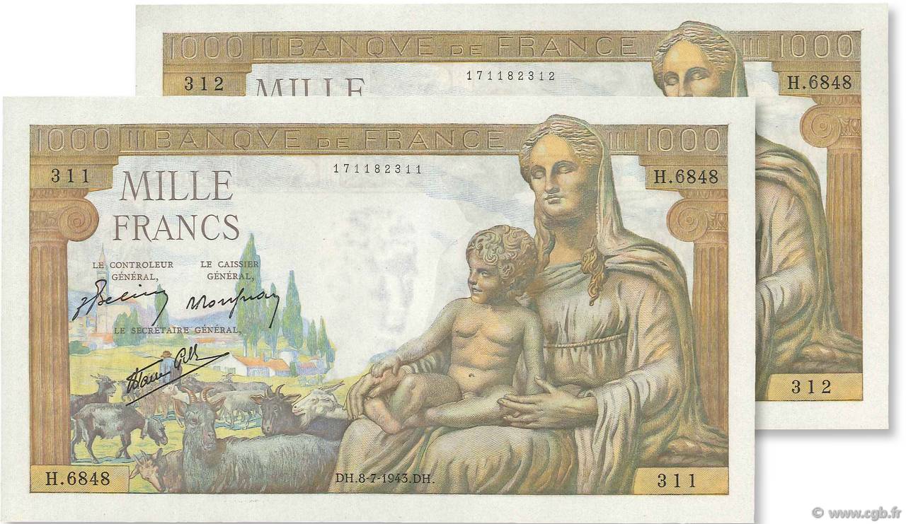 1000 Francs DÉESSE DÉMÉTER Consécutifs FRANCE  1943 F.40.29 UNC