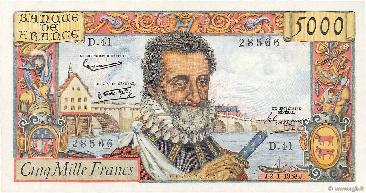 5000 Francs HENRI IV FRANCE  1958 F.49.05 SUP+