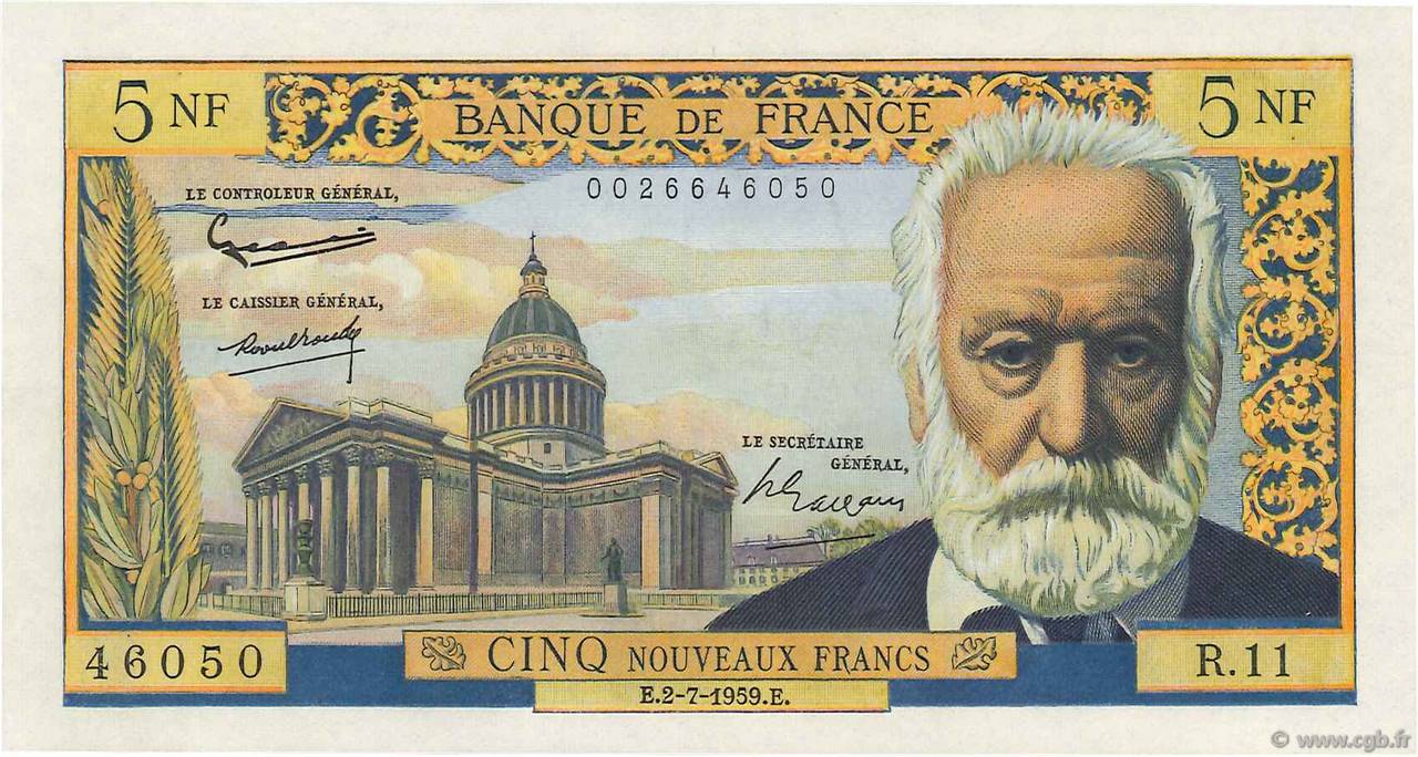 5 Nouveaux Francs VICTOR HUGO FRANCE  1959 F.56.02 SPL