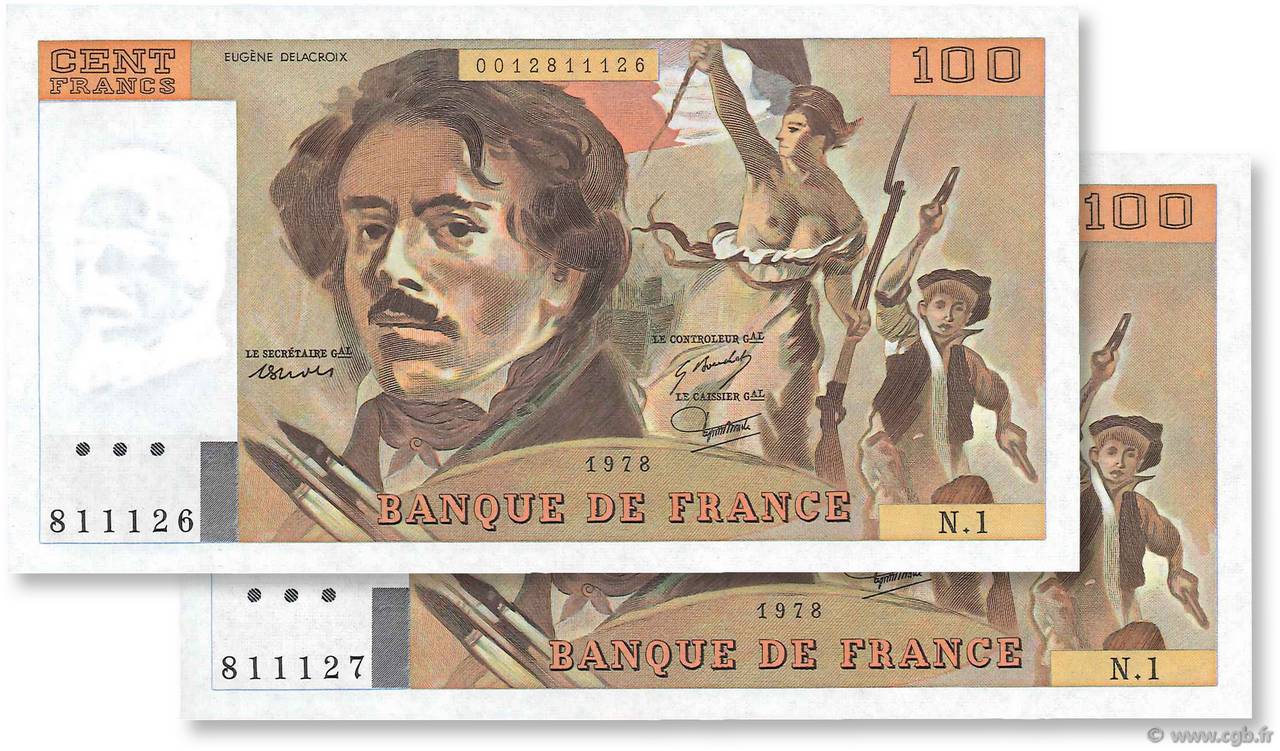 100 Francs DELACROIX Consécutifs FRANCE  1978 F.68.01 UNC-