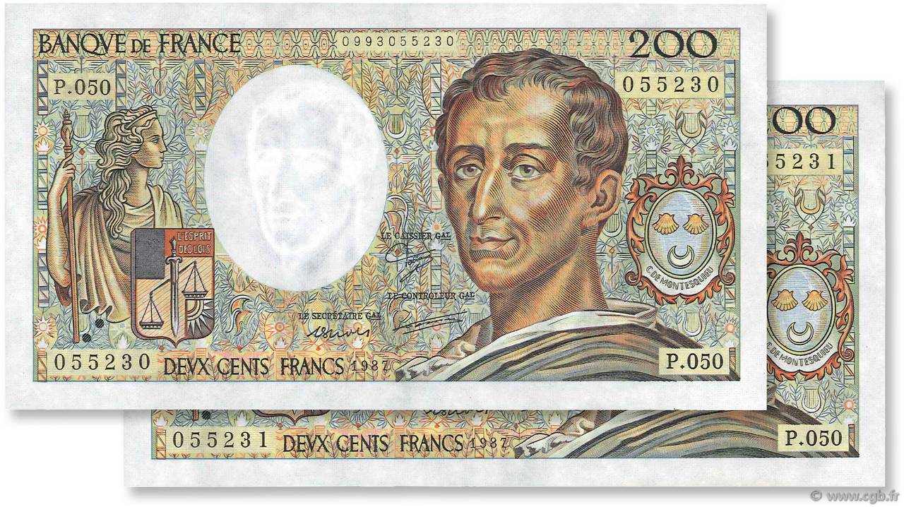 200 Francs MONTESQUIEU Consécutifs FRANCIA  1987 F.70.07 SC+
