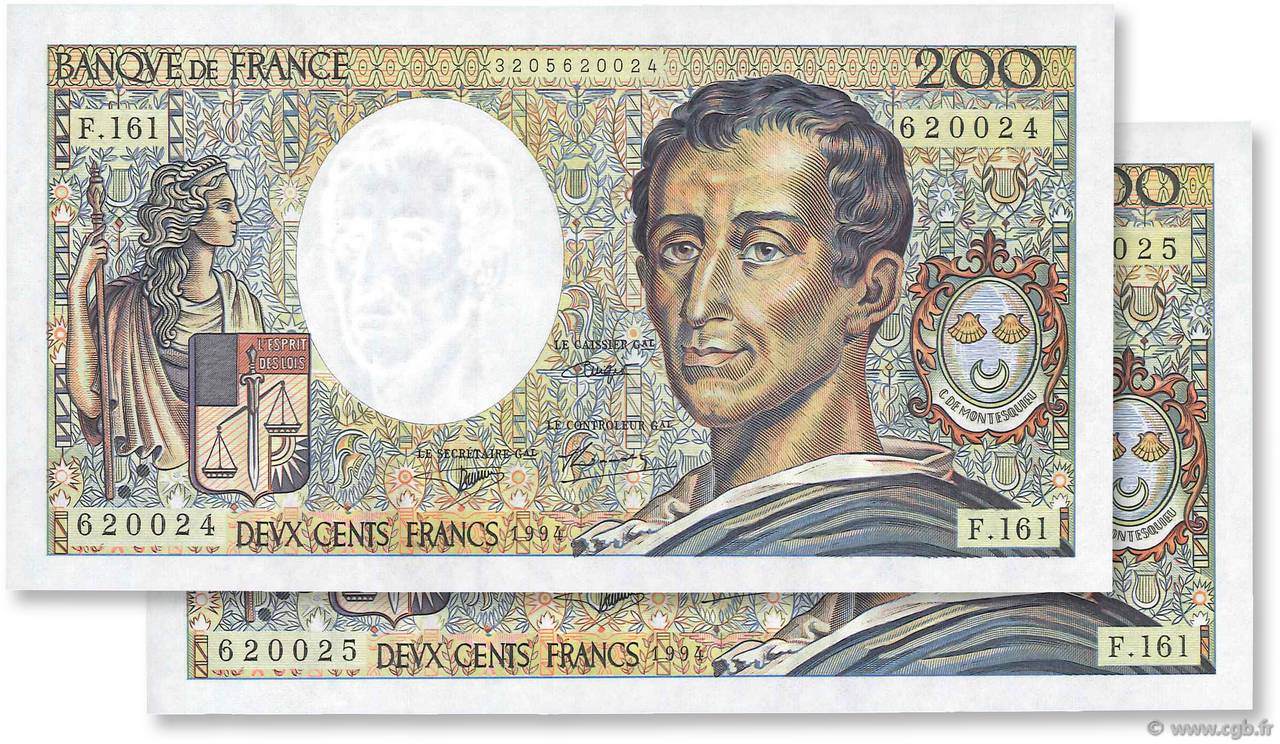 200 Francs MONTESQUIEU Modifié Consécutifs FRANCE  1994 F.70/2.01 NEUF