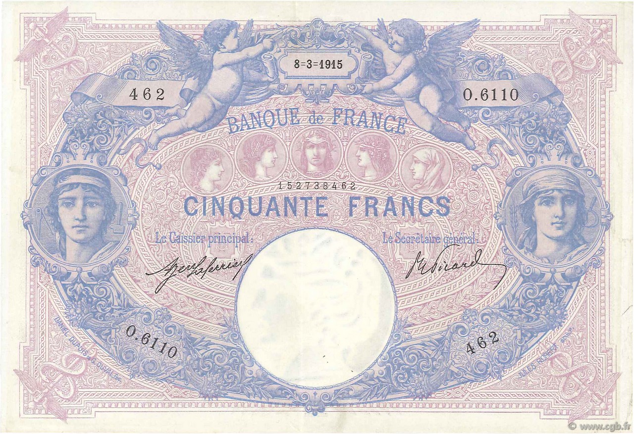 50 Francs BLEU ET ROSE FRANCE  1915 F.14.28 VF+