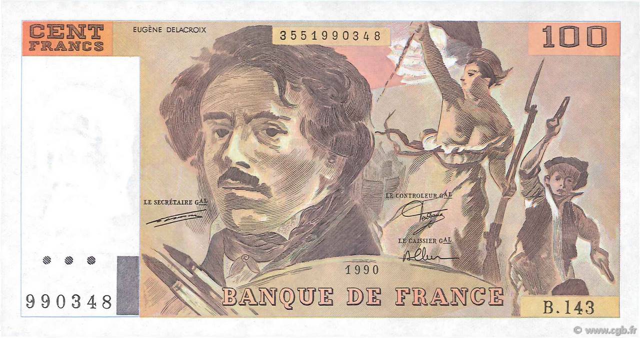 100 Francs DELACROIX imprimé en continu FRANCIA  1990 F.69bis.01bB q.FDC