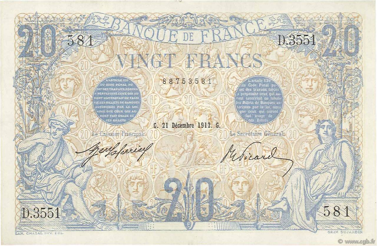 20 Francs BLEU FRANCE  1912 F.10.02 XF