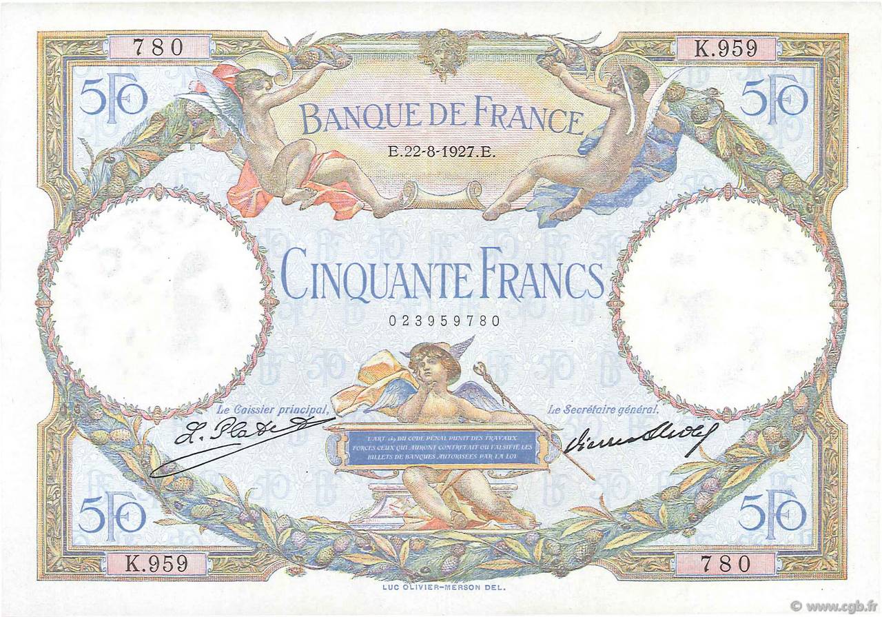 50 Francs LUC OLIVIER MERSON FRANCE  1927 F.15.01 XF-