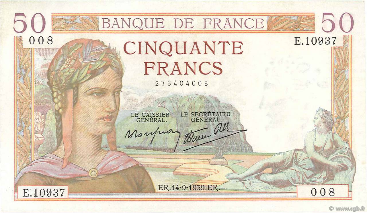 50 Francs CÉRÈS modifié FRANCIA  1939 F.18.30 MBC+