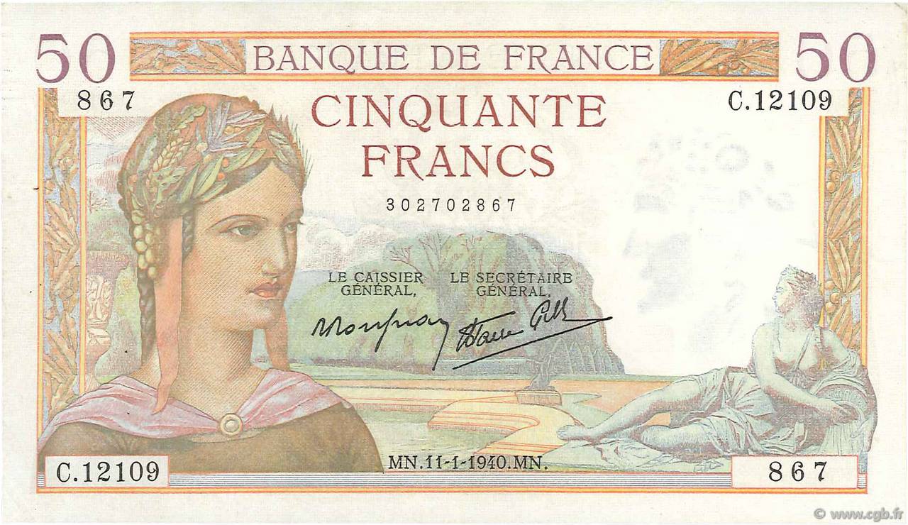 50 Francs CÉRÈS modifié FRANKREICH  1940 F.18.37 SS