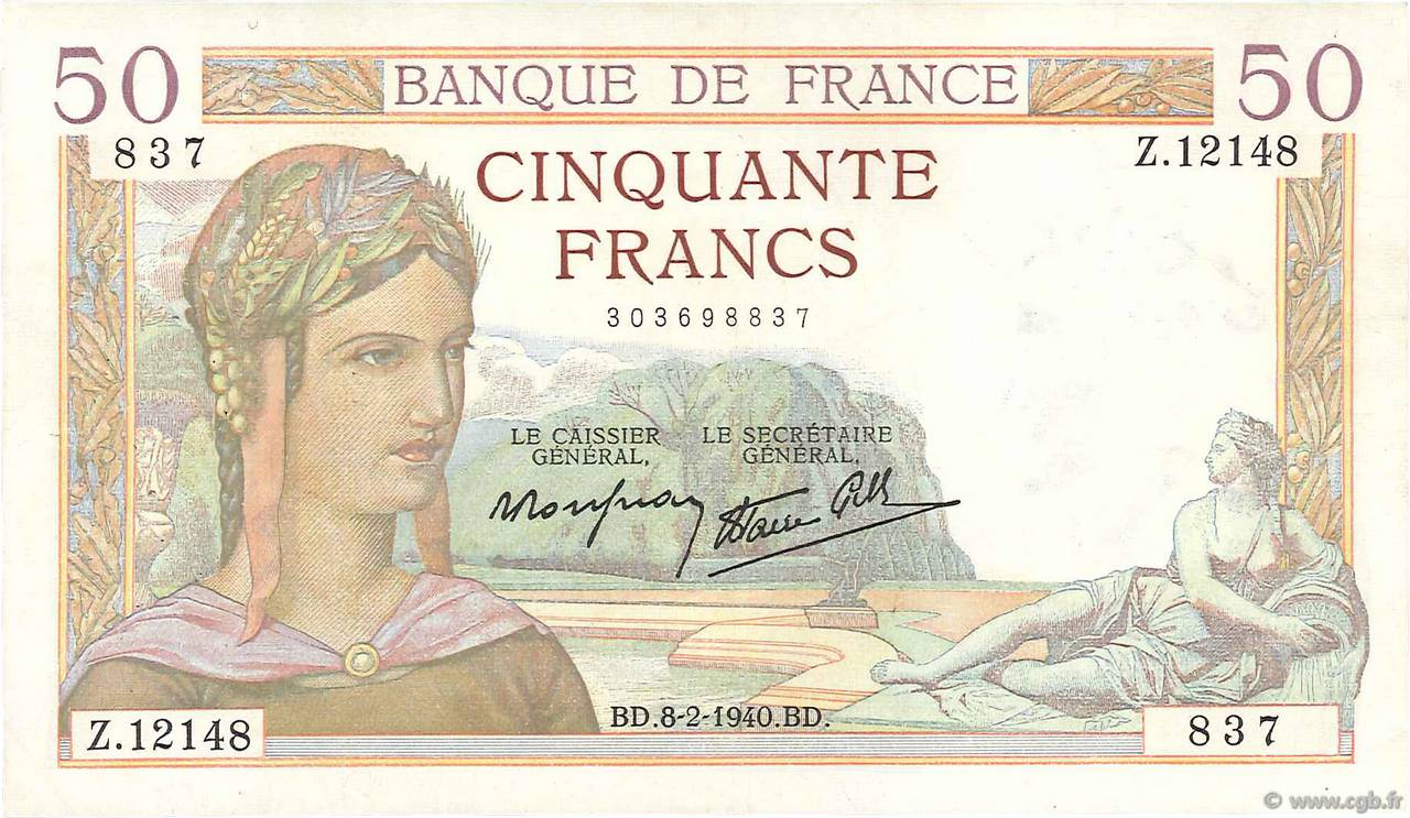 50 Francs CÉRÈS modifié FRANCE  1940 F.18.38 TTB
