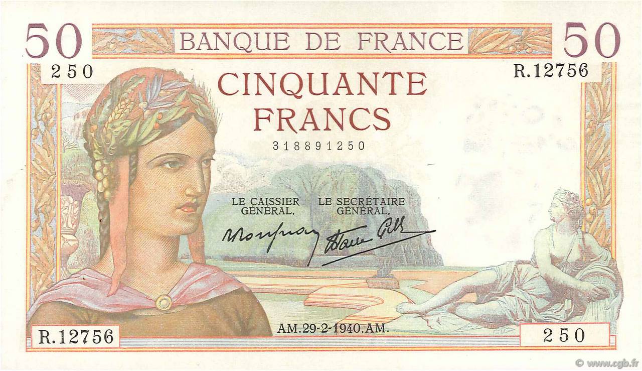 50 Francs CÉRÈS modifié FRANKREICH  1940 F.18.40 VZ