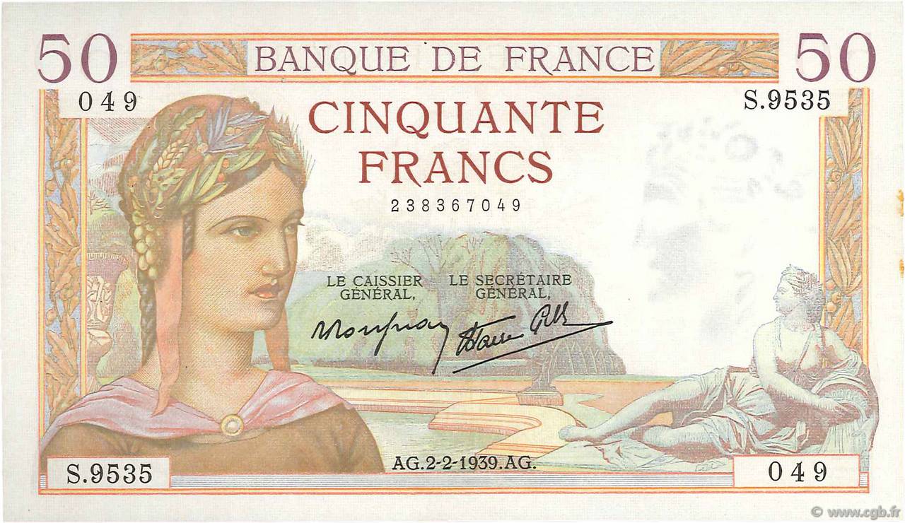 50 Francs CÉRÈS modifié FRANKREICH  1939 F.18.21 VZ