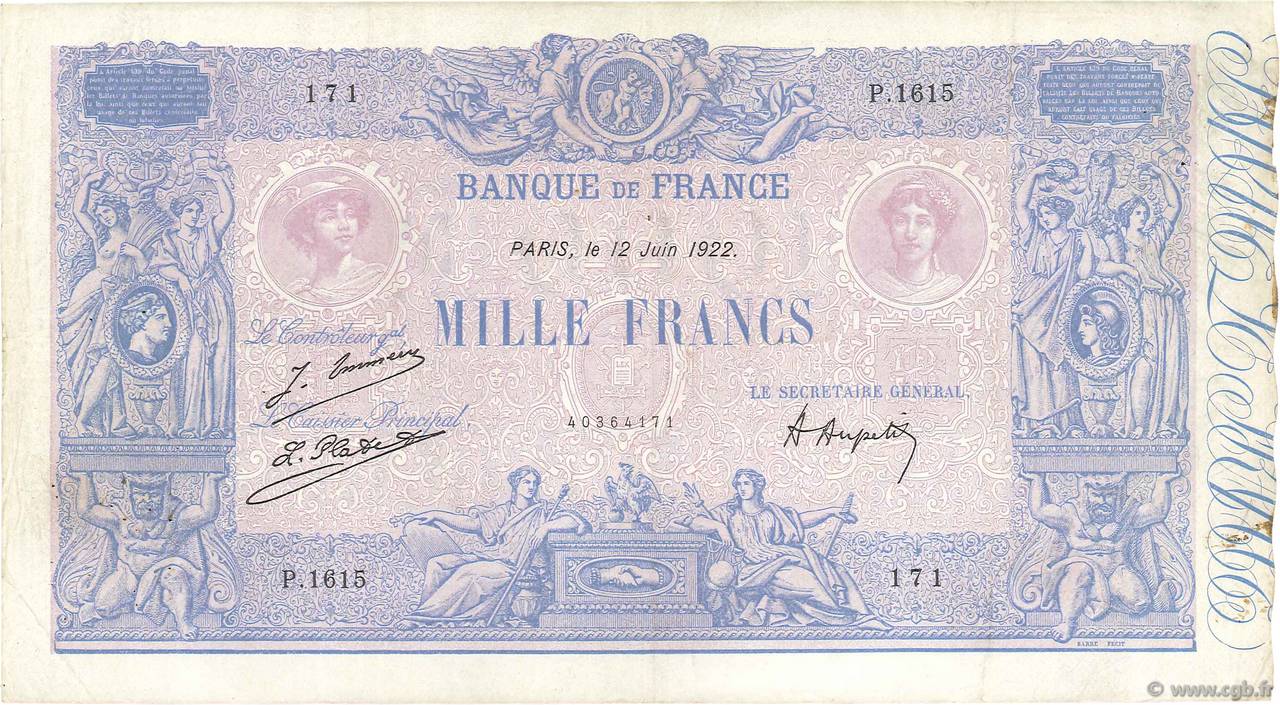 1000 Francs BLEU ET ROSE FRANCE  1922 F.36.38 F - VF